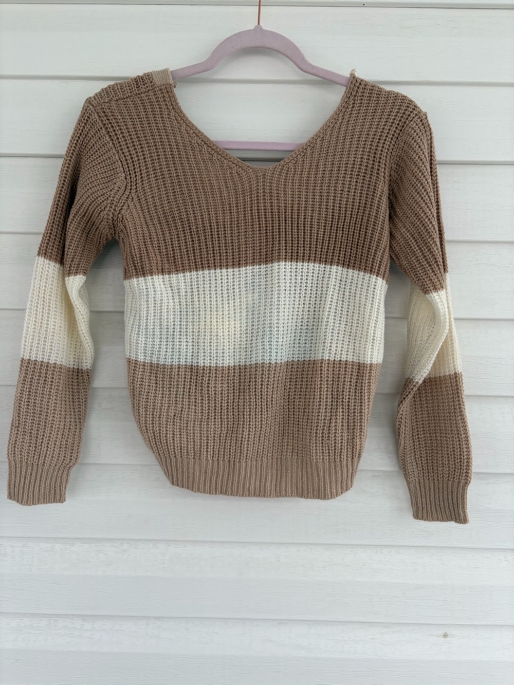 Poof! V-Neck Sweater in Brown and Cream